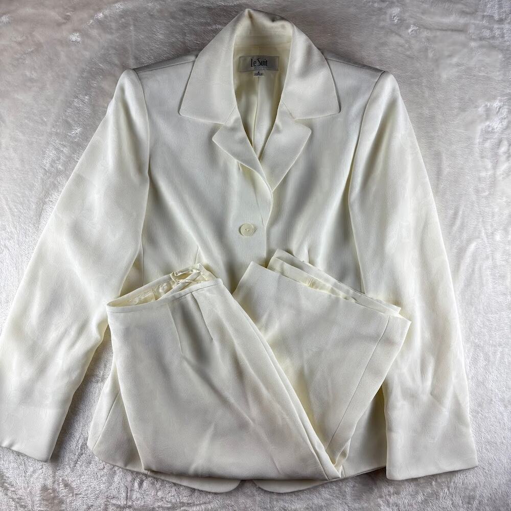 Le Suit 2 Piece Jacket / Skirt Women's Size 8 Ivory Floral Texture Formal
